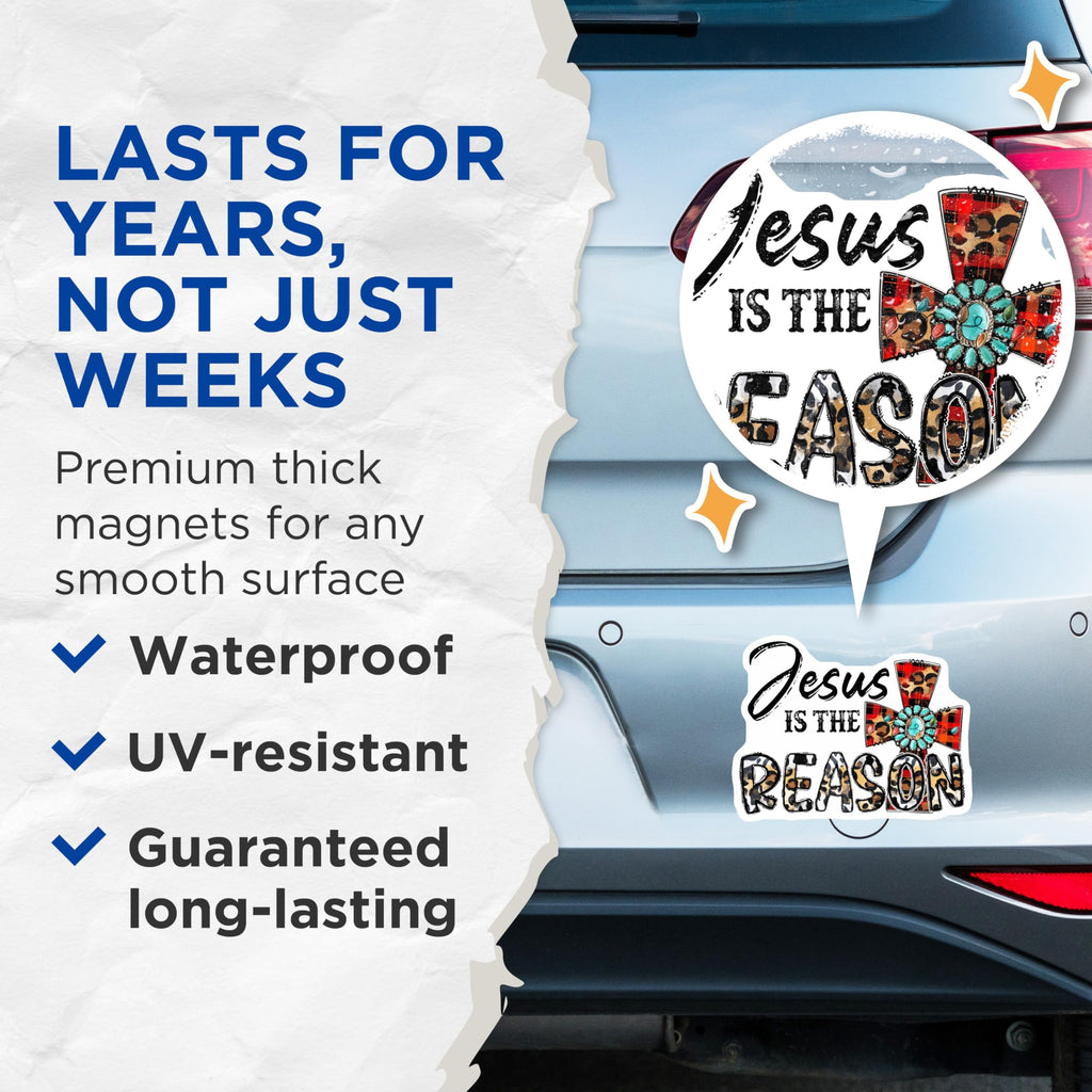 (2 Pack) Jesus is The Reason Magnets - Christian Faith Decor - Leopard Plaid Western Aesthetic - 5 Inches On Longest Side - Thick Durable Magnet - Made in USA - MAG28242
