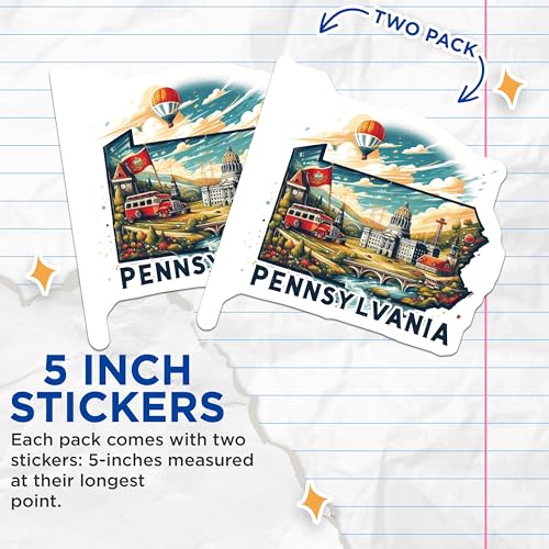 (2 Pack) Pennsylvania Travel Stickers - State Capitol Stickers - Pennsylvania Adventure Stickers - 5" On Longest Side - Sticks to Smooth Flat Surfaces - Made in USA - BMCS5252