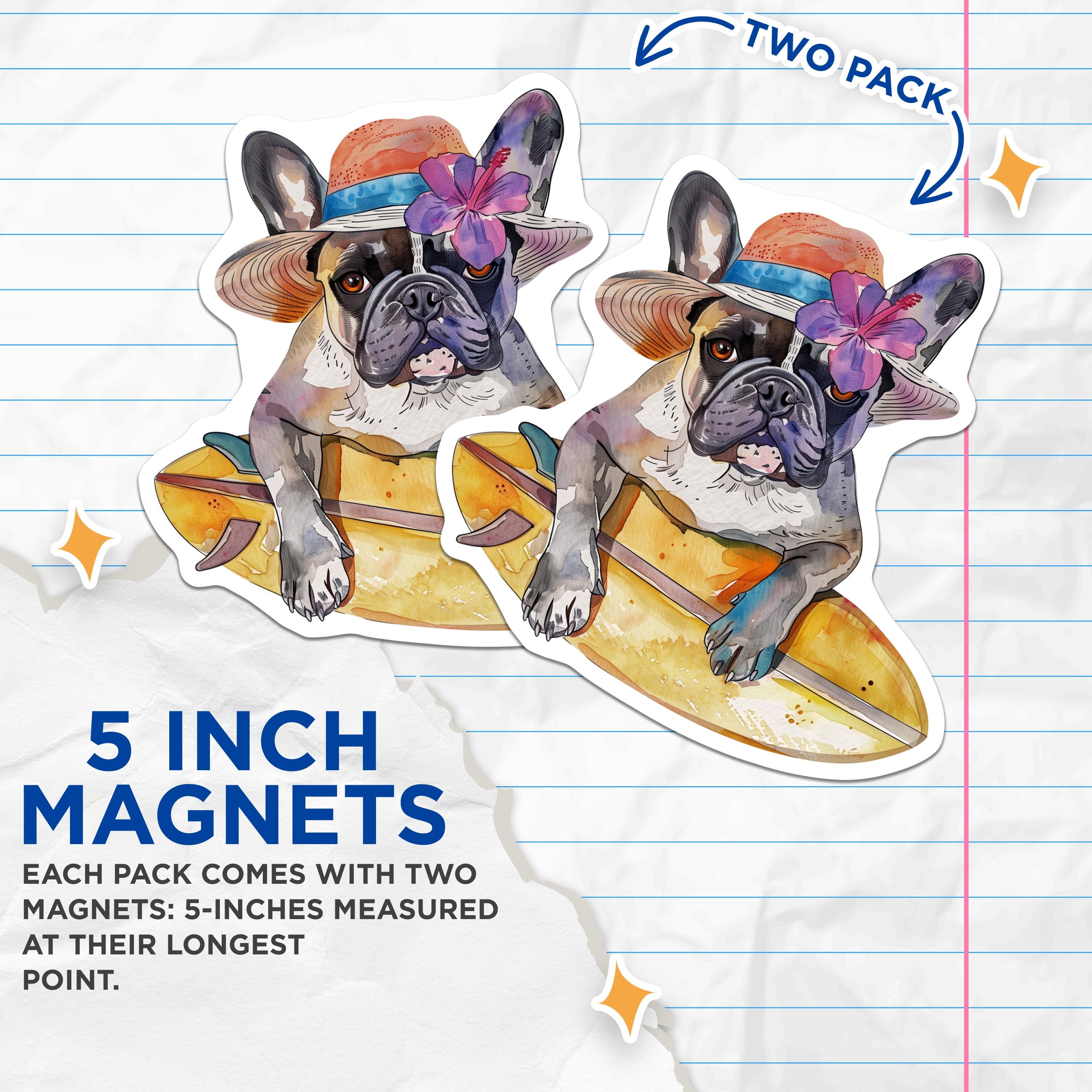 (2 Pack) French Bulldog Magnets - Surf Dog Art - Beach Frenchie Decor - Tropical Pet Lover - Refrigerator Locker Accent - 5 Inches On Longest Side - Thick Durable Magnet - Made in USA - MAG39790