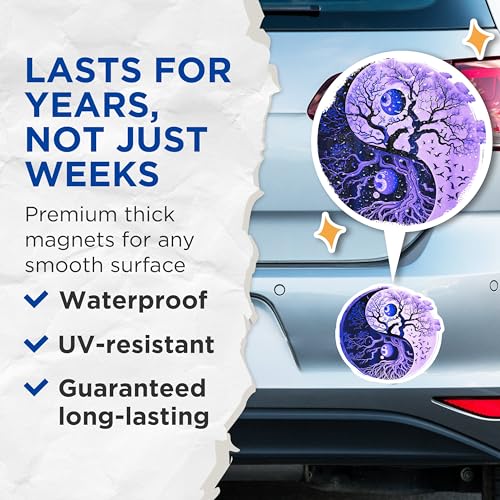 (2 Pack) Yin Yang Tree of Life Magnets - Moon and Stars Art - Balance and Harmony - 5" On Longest Side - for Cars, Refrigerators, Toolboxes, Lockers - Made in USA MAG3567
