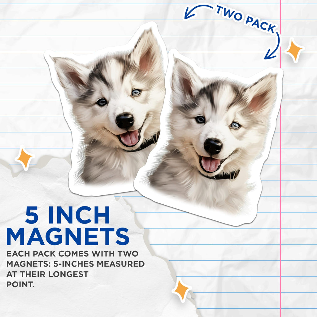 (2 Pack) Adorable Husky Puppy Magnets - Blue Eyed Dog Decor - Cute Pet Animal Fridge Accents - 5 Inches On Longest Side - Thick Durable Magnet - Made in USA - MAG30614