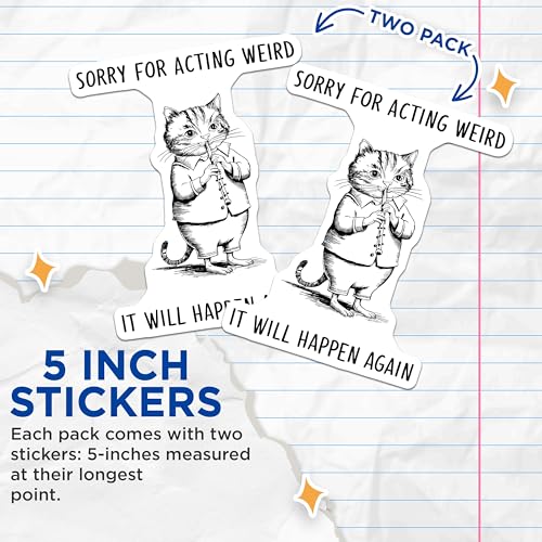 (2 Pack) Sorry for Acting Weird Stickers - Funny Cat Playing Recorder - Humorous Apology Sticker - 5" On Longest Side - Sticks to Smooth Flat Surfaces - Made in USA - BMCS6745