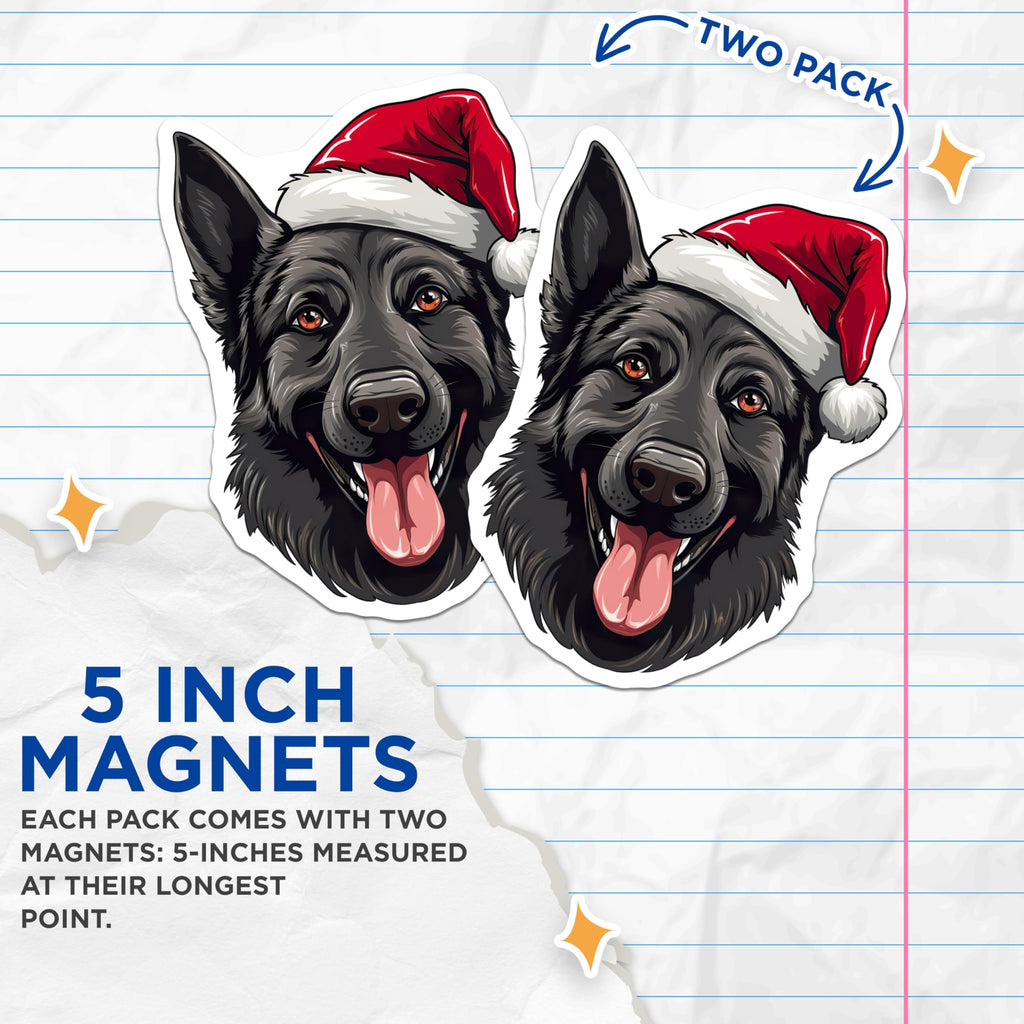 (2 Pack) German Shepherd Christmas Magnets - Santa Hat Dog Decor - Holiday Animal Lover - 5 Inches On Longest Side - Thick Durable Magnet - Made in USA - MAG30894