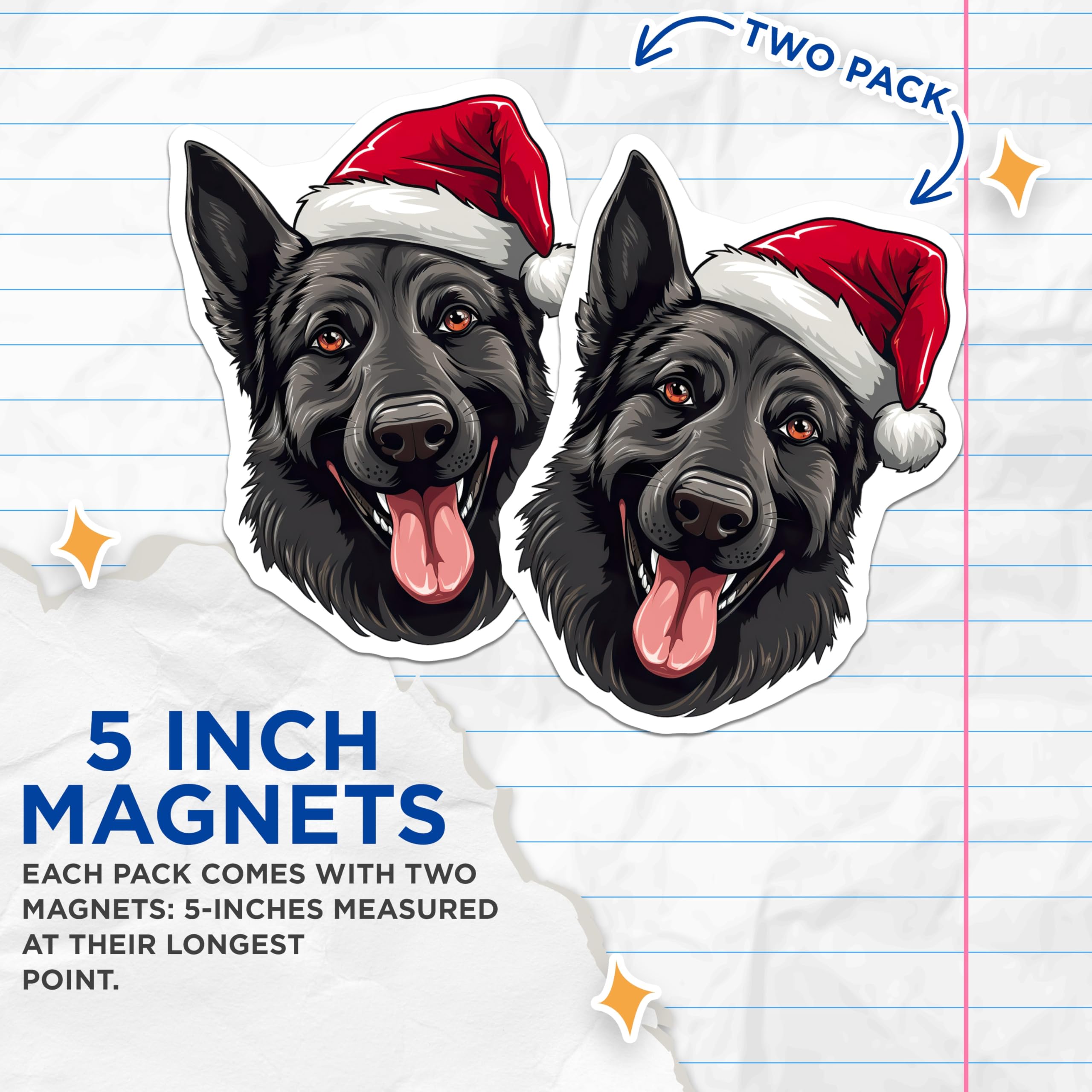 (2 Pack) German Shepherd Christmas Magnets - Santa Hat Dog Decor - Holiday Animal Lover - 5 Inches On Longest Side - Thick Durable Magnet - Made in USA - MAG30894
