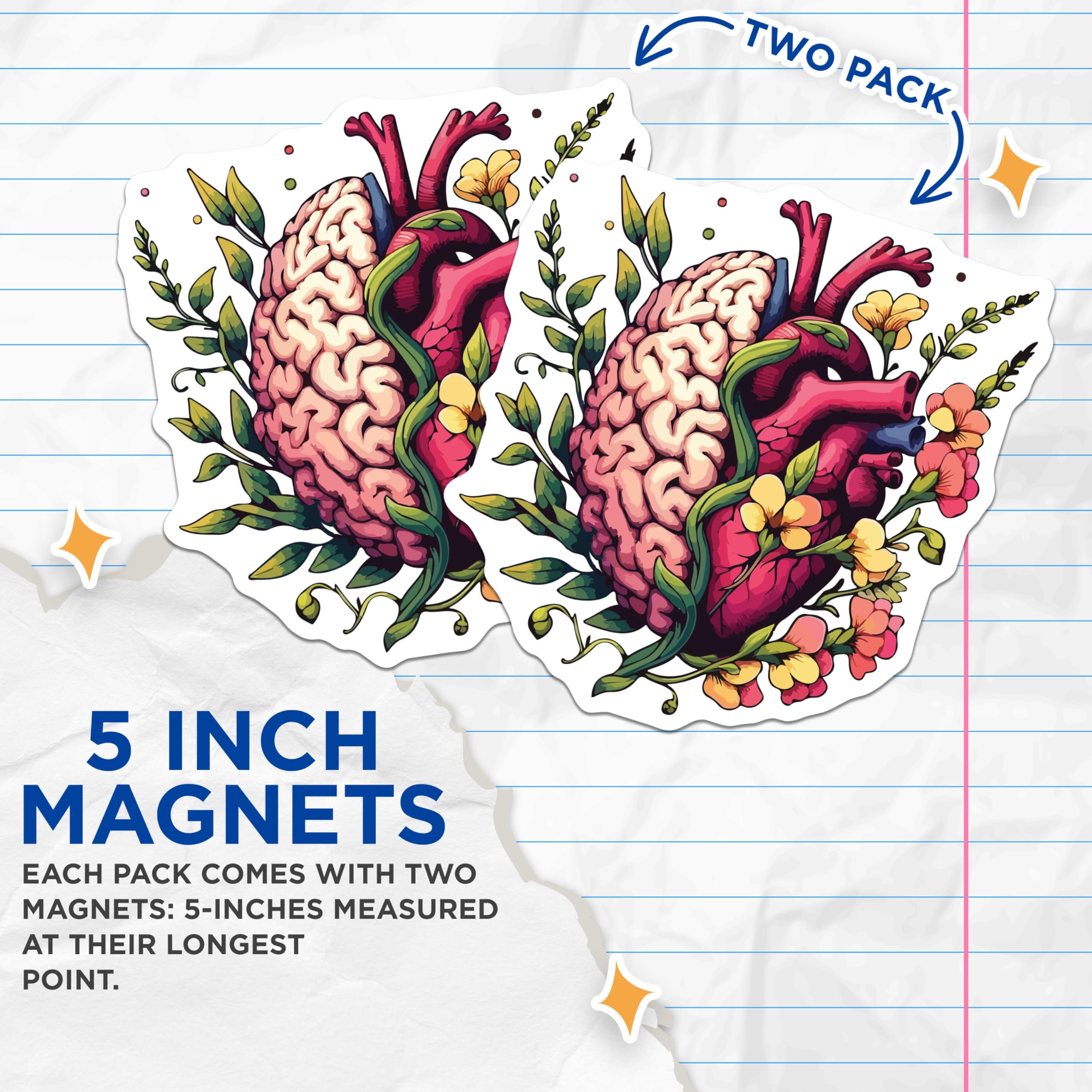 (2 Pack) Brain Heart Magnets - Mind Body Harmony Art - Anatomical Floral Design - 5 Inches On Longest Side - Thick Durable Magnet - Made in USA - MAG19888