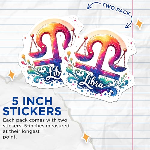 (2 Pack) Libra Zodiac Sign Stickers - Astrology Decals - Horoscope Star Sign Sticker - 5" On Longest Side - Sticks to Smooth Flat Surfaces - Made in USA - BMCS6810