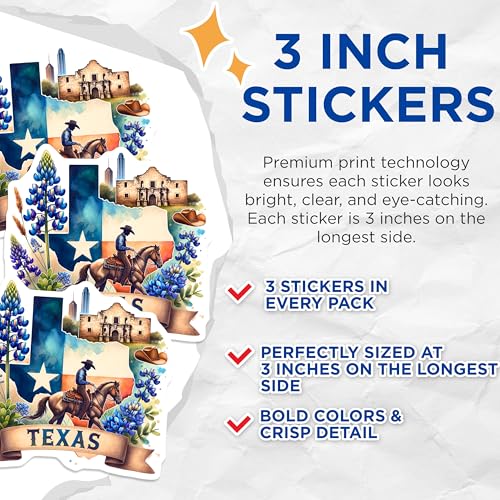 (3 Pack) Texas Decals - Cowboy Horse - Texas State - Alamo - Bluebonnet Flower - Laptop Decals- 3 Inches On Longest Side - Easy Peel & Apply - Made in USA - 3MCS5755