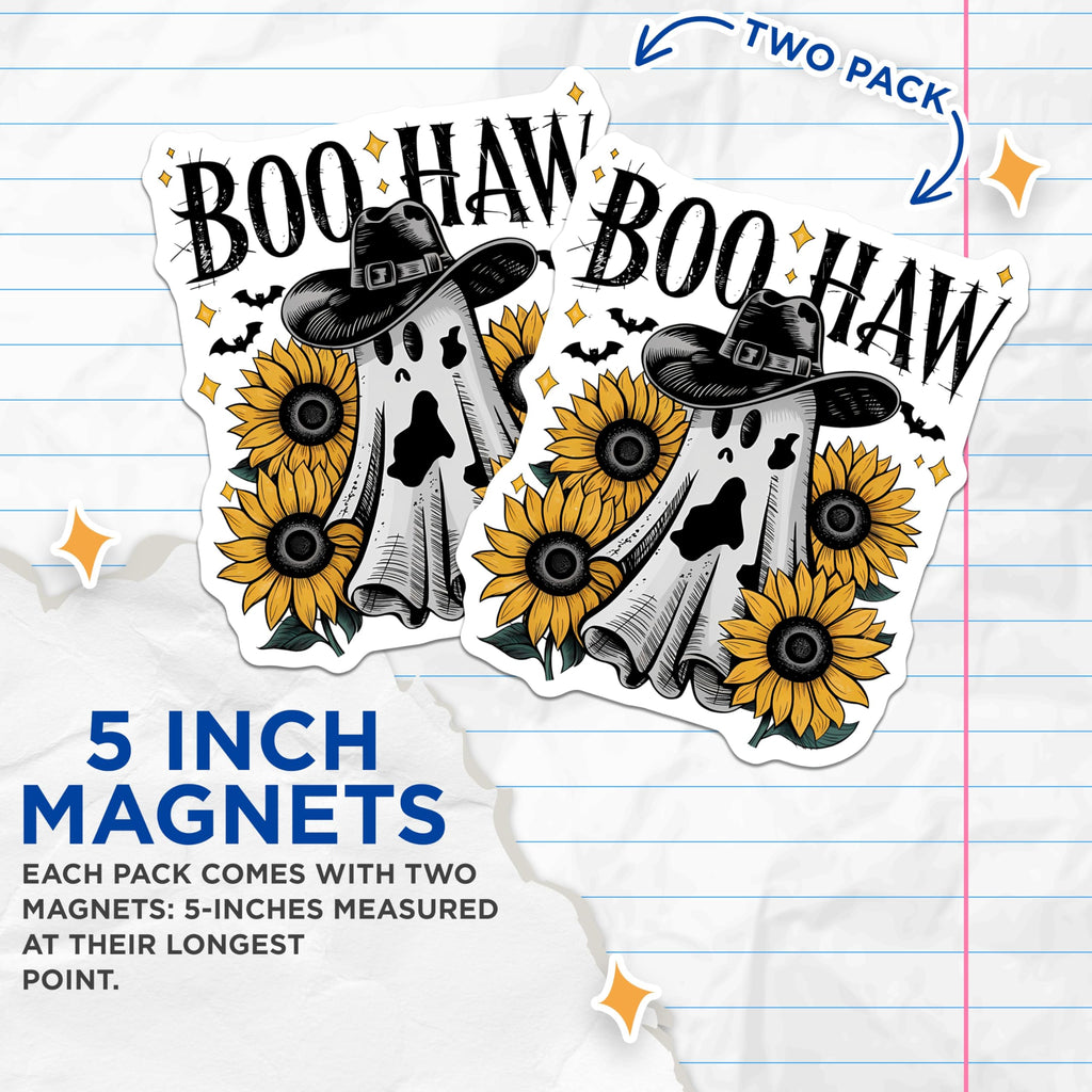 (2 Pack) Cowboy Ghost Magnets - Boo Haw Western Halloween Decor - Spooky Sunflower Autumn Refrigerator Magnet - 5 Inches On Longest Side - Thick Durable Magnet - Made in USA - MAG22584