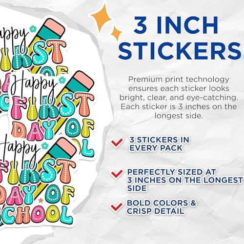 (3 Pack) First Day of School Decals - Happy School Day - Back to School Stickers - 3 Inches On Longest Side - Easy Peel & Apply - Made in USA - 3MCS7886