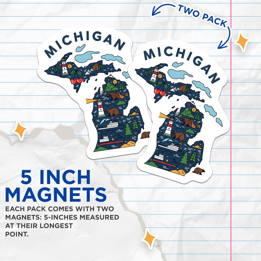 (2 Pack) Michigan State Magnets - Cute Illustration - Travel Souvenir Refrigerator Magnets - 5" On Longest Side - Premium Magnet - for Cars, Refrigerators, Toolboxes, Lockers - Made in USA - MAG18247