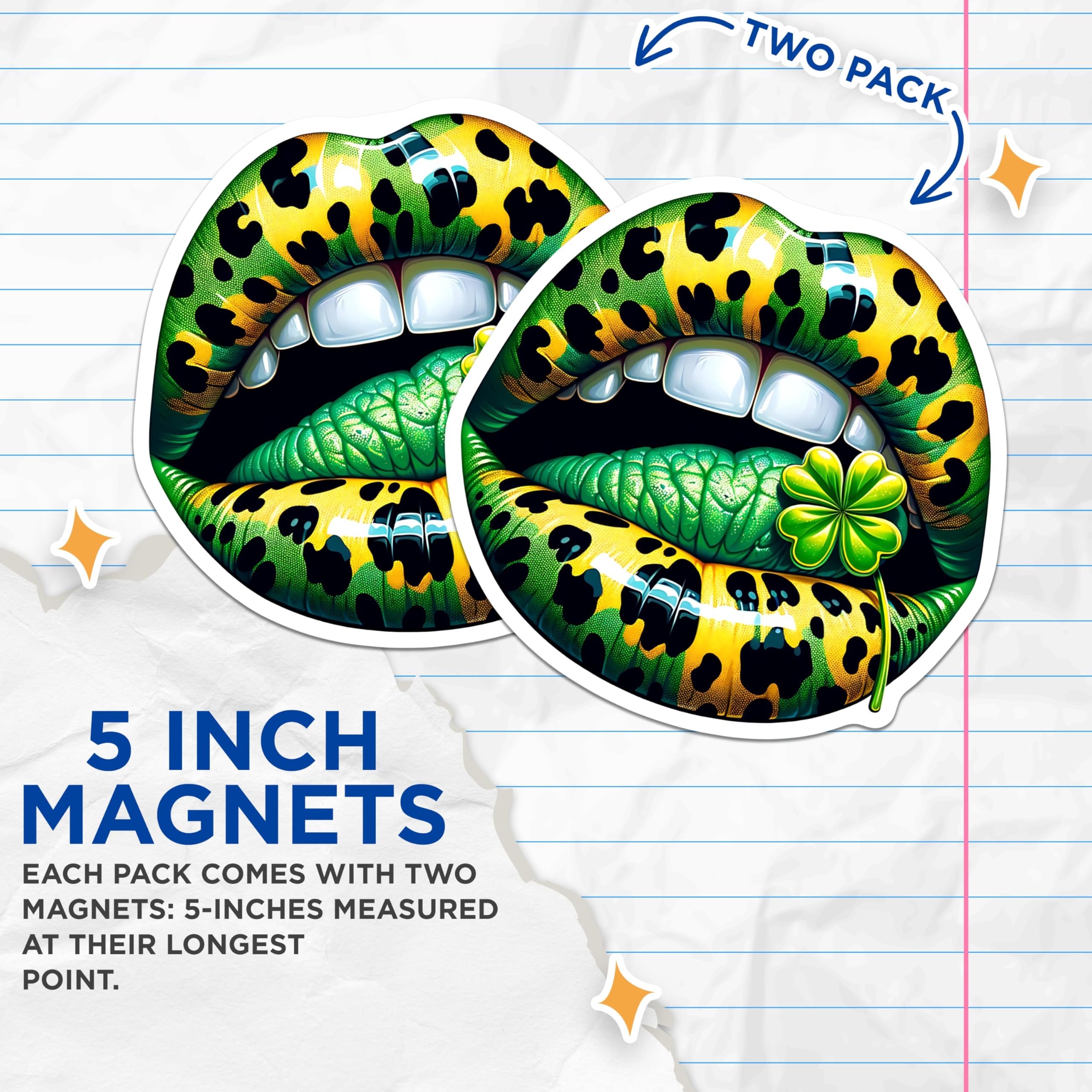 (2 Pack) St Patricks Day Lips Magnets - Leopard Print Mouth - Four Leaf Clover Decor - 5" On Longest Side - Premium Magnet - for Cars, Refrigerators, Toolboxes, Lockers - Made in USA - MAG17131