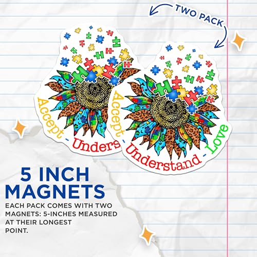 (2 Pack) Autism Awareness Magnets Magnets - Sunflower Puzzle Piece - Accept Understand Love - 5" On Longest Side - Made in USA - Sticks to Refrigerators & Metal Surfaces - MAG8526