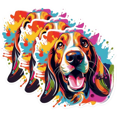 (3 Pack) Basset Hound Decals - Colorful Dog Stickers - Cute Puppy Art Decal - 3 Inches On Longest Side - Easy Peel & Apply - Made in USA - 3MCS0639