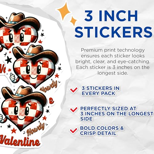 (3 Pack) Cowboy Heart Decals - Howdy Valentine Decal - Western Love Stickers - 3 Inches On Longest Side - Easy Peel & Apply - Made in USA - 3MCS1915