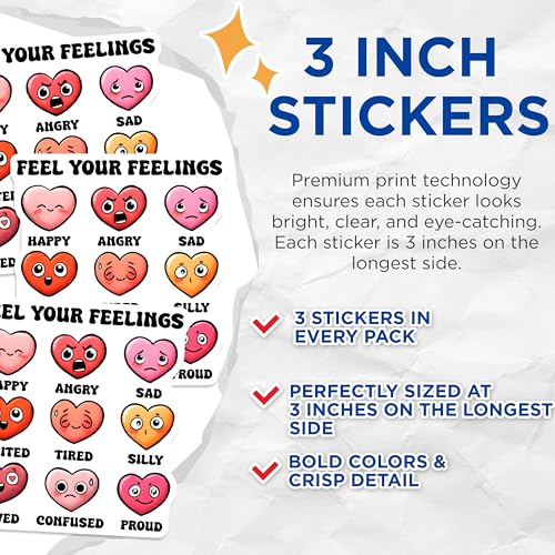 (3 Pack) Emotion Heart Decals - Feelings Heart Stickers - Mood Decals - 3 Inches On Longest Side - Easy Peel & Apply - Made in USA - 3MCS7017