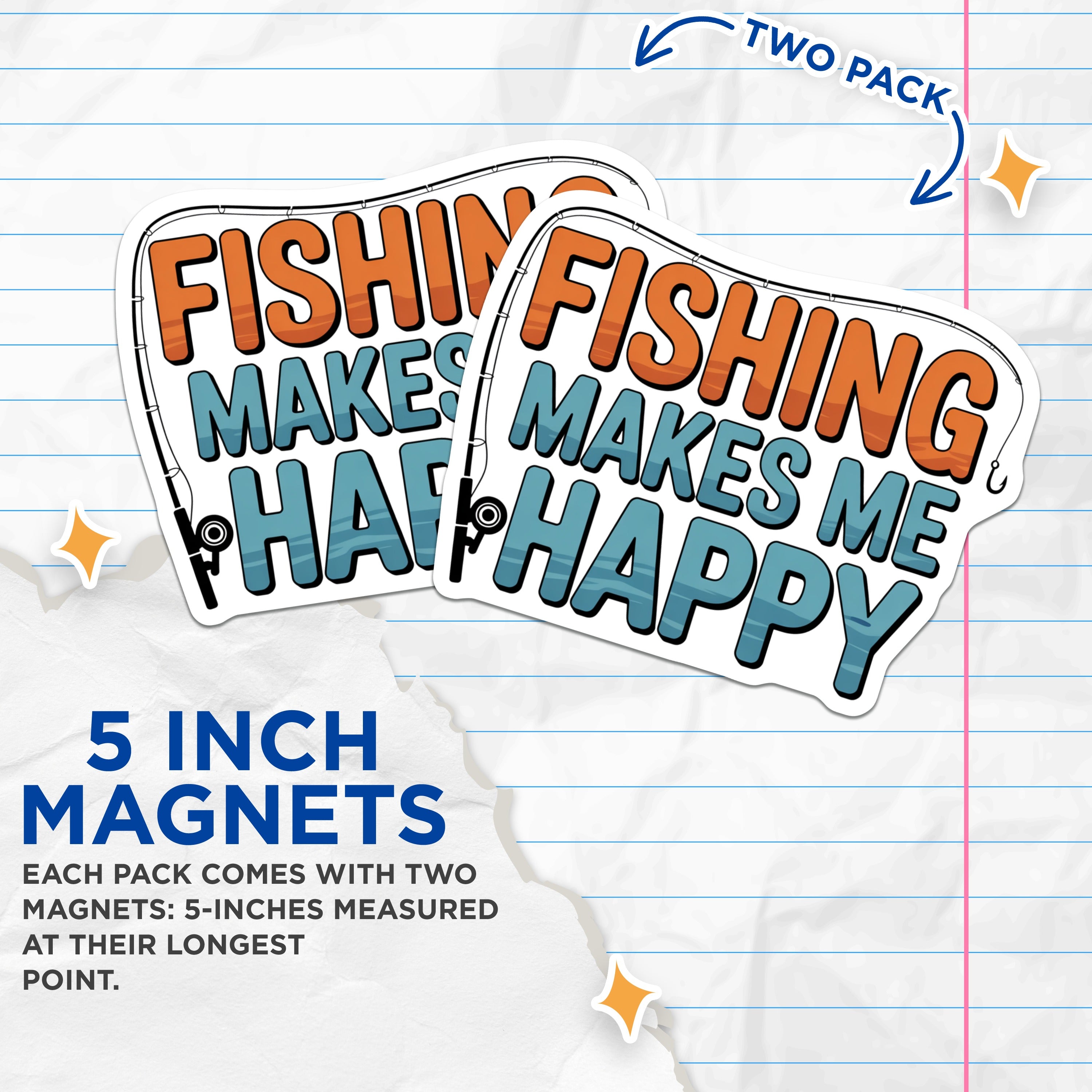 (2 Pack) Fishing Lover Magnets - Happy Angler Decal - Outdoorsman Hobby Home Decor - 5 Inches On Longest Side - Thick Durable Magnet - Made in USA - MAG38425
