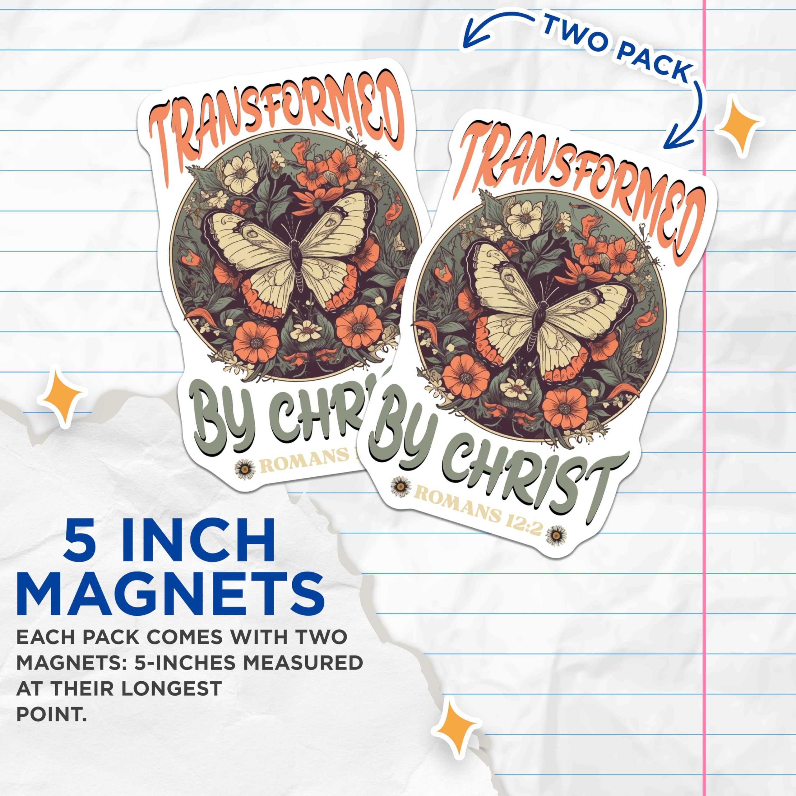 (2 Pack) Transformed by Christ Magnets - Romans 12:2 Scripture - Christian Faith Decor - 5 Inches On Longest Side - Thick Durable Magnet - Made in USA - MAG26804