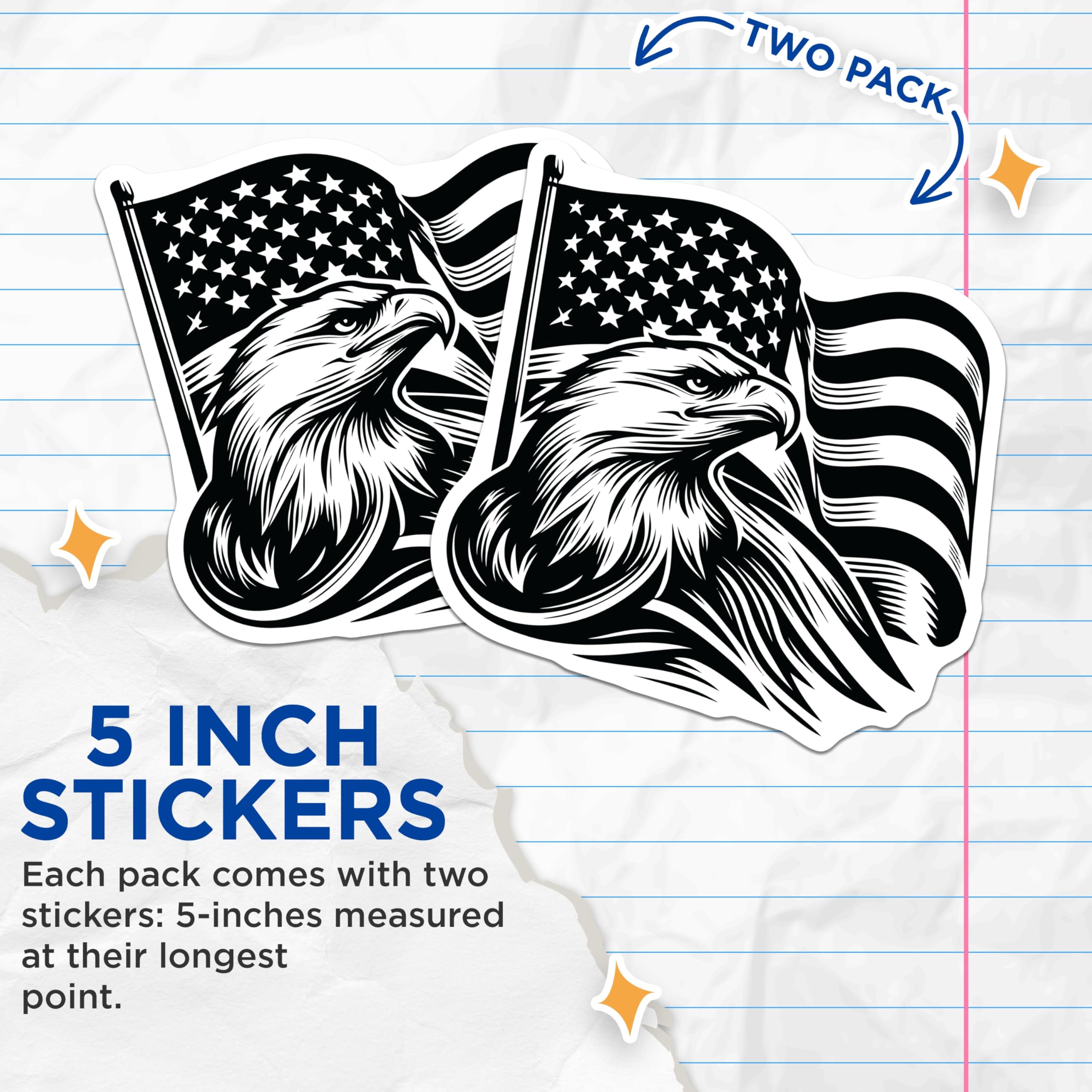 (2 Pack) American Eagle Stickers - US Flag Bald Eagle - Patriotic Decals - 5" On Longest Side - Sticks to Smooth Flat Surfaces - Made in USA - BMCS17028
