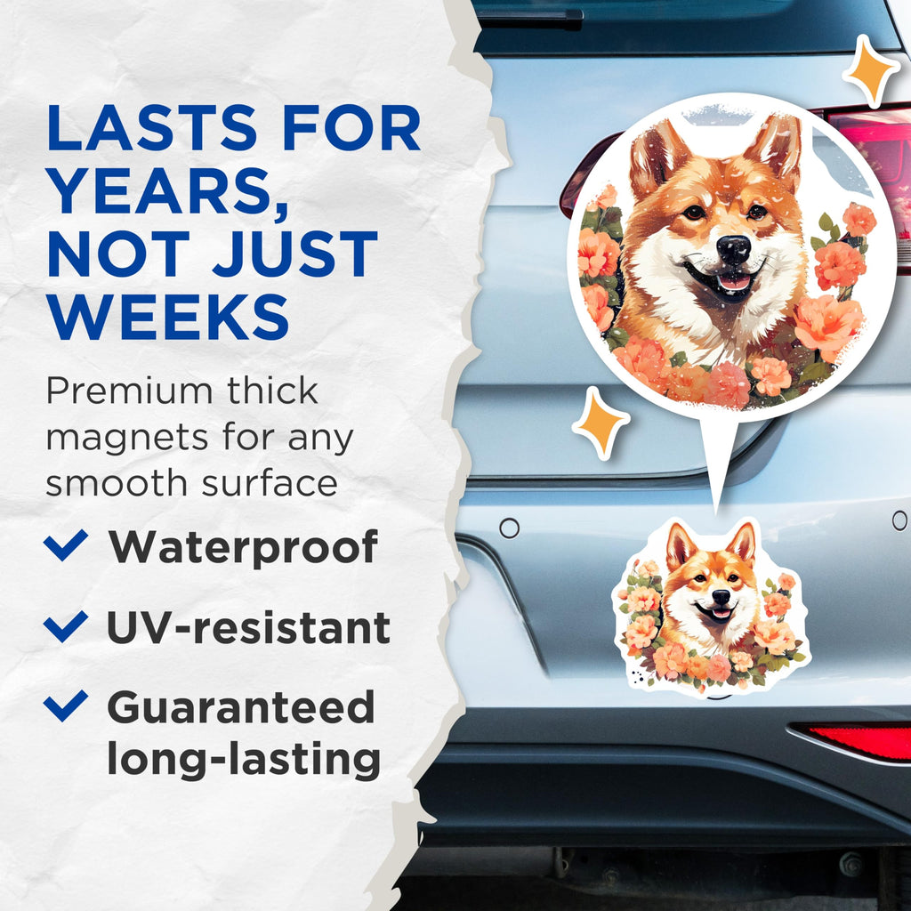 (2 Pack) Shiba Inu Magnets - Cute Dog Lover Fridge Decor - Floral Pet Parent Art - 5 Inches On Longest Side - Thick Durable Magnet - Made in USA - MAG29123