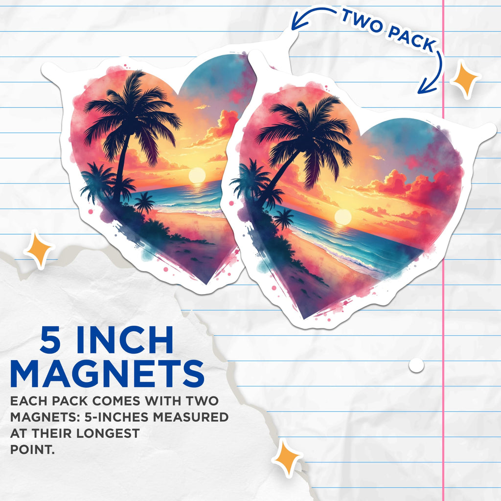 (2 Pack) Sunset Beach Magnets - Heart Ocean Scene - Palm Tree Refrigerator Decor - 5 Inches On Longest Side - Thick Durable Magnet - Made in USA - MAG25286