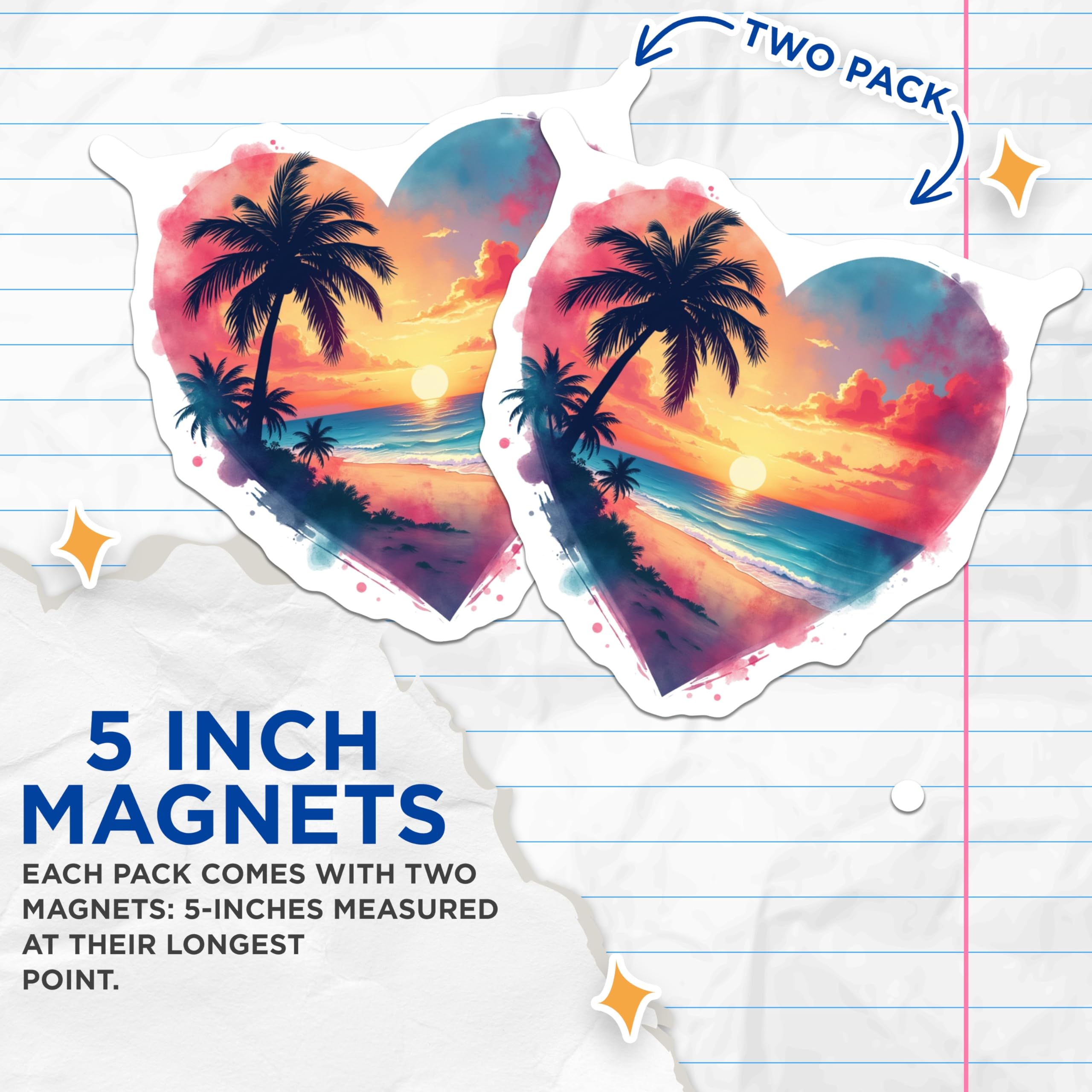 (2 Pack) Sunset Beach Magnets - Heart Ocean Scene - Palm Tree Refrigerator Decor - 5 Inches On Longest Side - Thick Durable Magnet - Made in USA - MAG25286