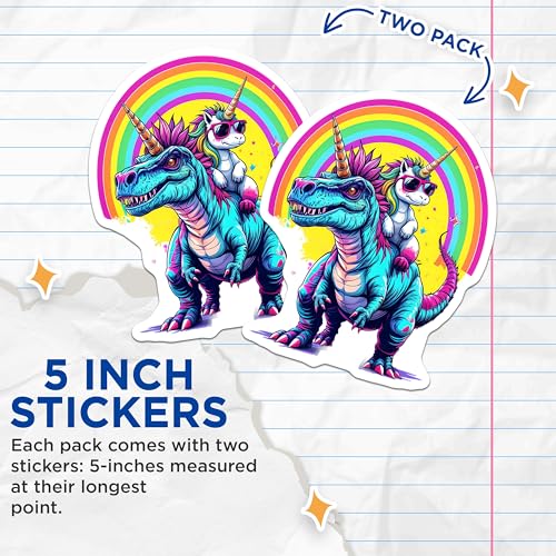 (2 Pack) Dinosaur Unicorn Stickers - Rainbow Dinosaur Stickers - Cute Unicorn Stickers - 5" On Longest Side - Sticks to Smooth Flat Surfaces - Made in USA - BMCS4625