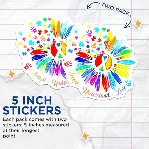 (2 Pack) Autism Awareness Stickers - Accept Understand Love Stickers - Colorful Handprint Puzzle Piece Stickers - 5" On Longest Side - Sticks to Any Smooth Flat Surface - Made in USA - BMCS3349
