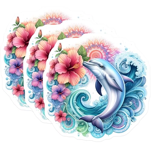 (3 Pack) Dolphin Decals - Hibiscus Flower Stickers - Ocean Wave Laptop - 3 Inches On Longest Side - Easy Peel & Apply - Made in USA - 3MCS8253