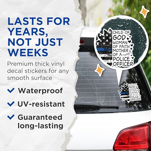 (2 Packs) Child of God Woman of Faith Mother of A Police Officer Stickers - Police Mom Decals - 5" On Longest Side - Premium Vinyl Decal - Sticks to Any Smooth Flat Surface - Made in USA - BMCS2456