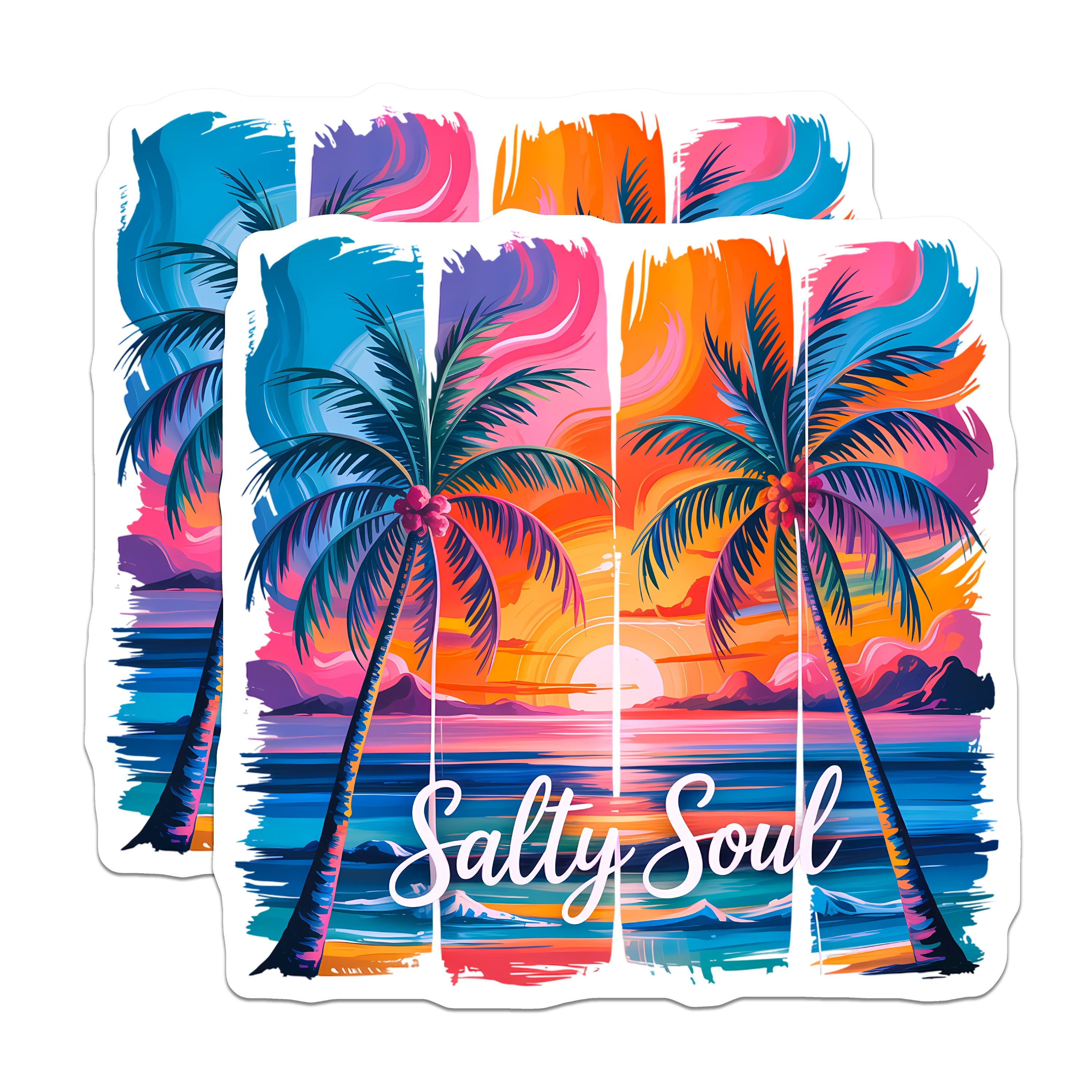 (2 Pack) Salty Soul Magnets - Tropical Beach Sunset - Palm Tree Ocean Art - Summer Vacation Decor - 5 Inches On Longest Side - Thick Durable Magnet - Made in USA - MAG36919