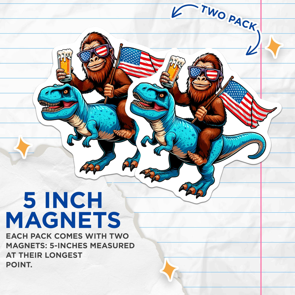 (2 Pack) Bigfoot Magnets - Dinosaur Rider - Patriotic Sasquatch - American Flag Beer Drinker - Funny Cryptid Tyrannosaurus - 5 Inches On Longest Side - Thick Durable Magnet - Made in USA - MAG20595