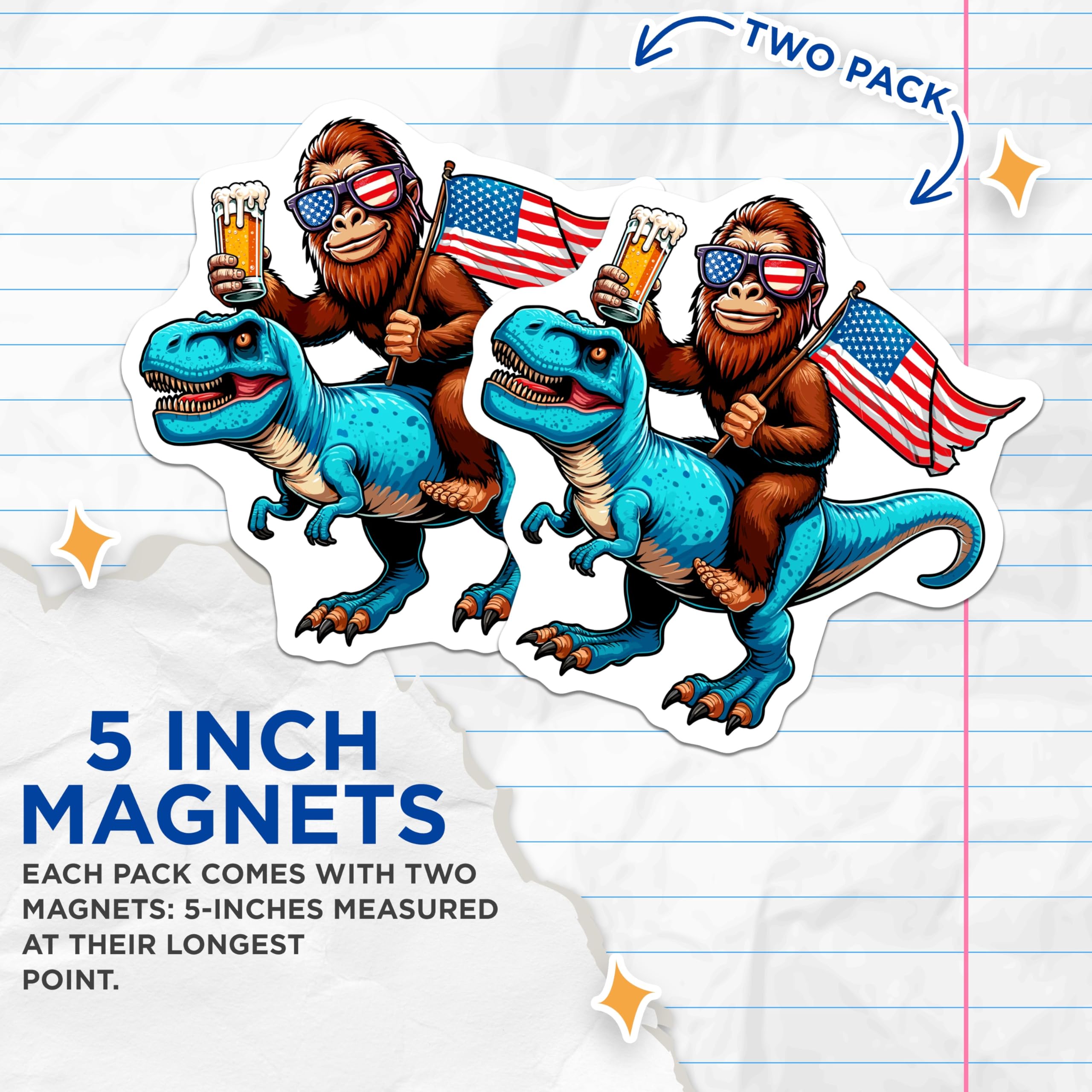 (2 Pack) Bigfoot Magnets - Dinosaur Rider - Patriotic Sasquatch - American Flag Beer Drinker - Funny Cryptid Tyrannosaurus - 5 Inches On Longest Side - Thick Durable Magnet - Made in USA - MAG20595