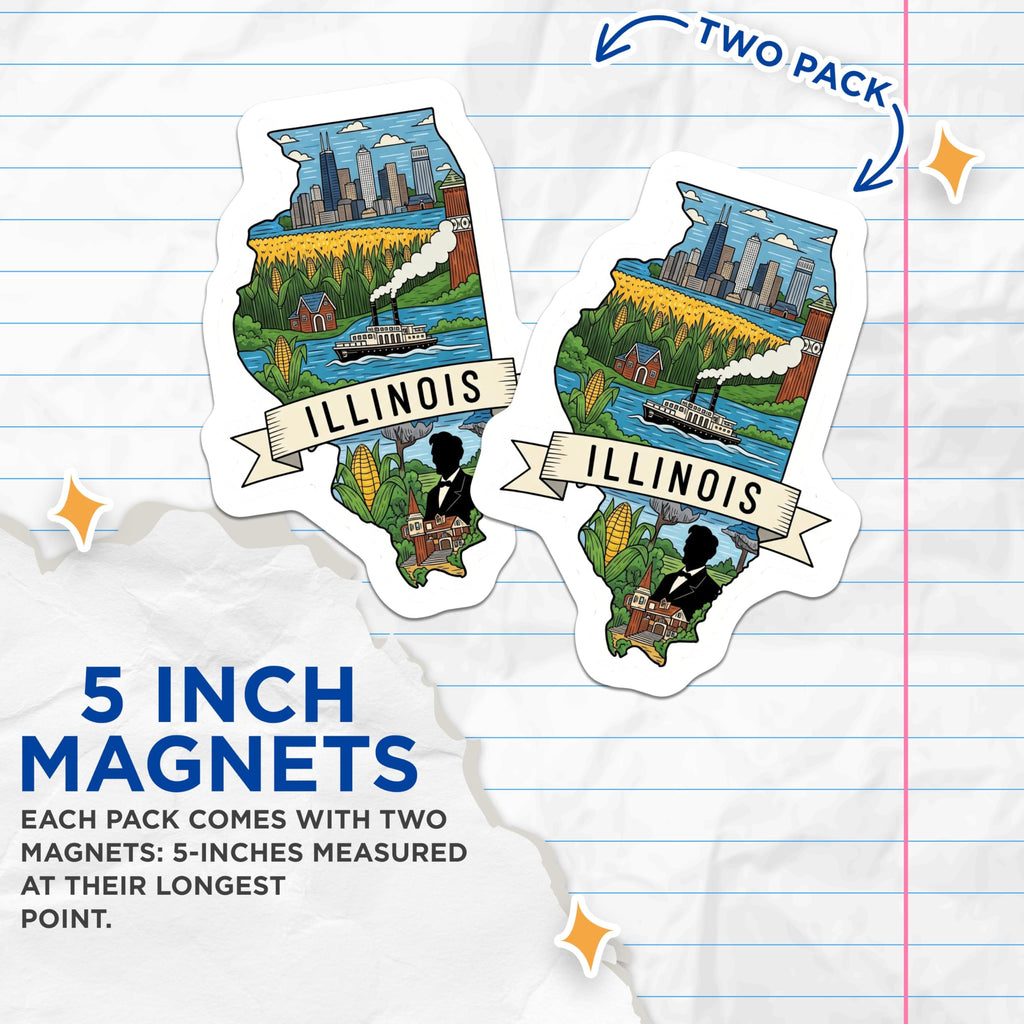 (2 Pack) Illinois State Magnets - Chicago Skyline - Abraham Lincoln Souvenirs - 5" On Longest Side - Premium Magnet - for Cars, Refrigerators, Toolboxes, Lockers - Made in USA - MAG18976