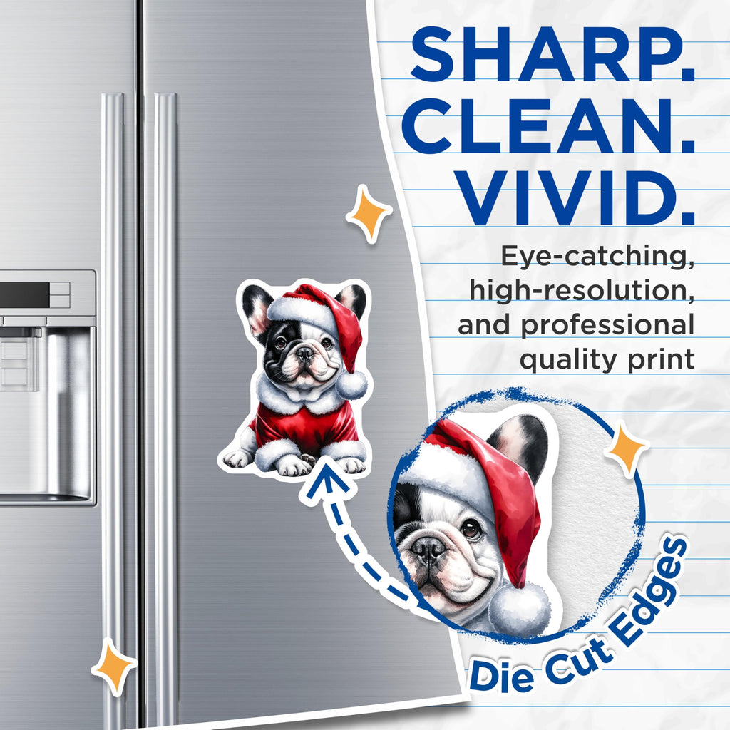(2 Pack) Christmas French Bulldog Magnets - Cute Puppy Santa Hat Holiday Dog Decor - Refrigerator Locker Accent Winter Season - 5 Inches On Longest Side - Thick Durable Magnet - Made in USA - MAG27841