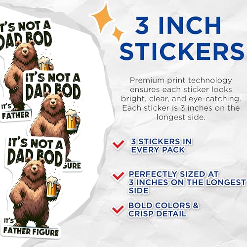 (3 Pack) Funny Dad Decals - Father Figure - Bear Beer - Laptop Decals - 3 Inches On Longest Side - Easy Peel & Apply - Made in USA - 3MCS6244