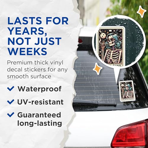 (2 Pack) Skeletal Moon Art Stickers - Retro Skeleton Stickers - Funny Gothic Stickers - 5" On Longest Side - Sticks to Smooth Flat Surfaces - Made in USA - BMCS5520