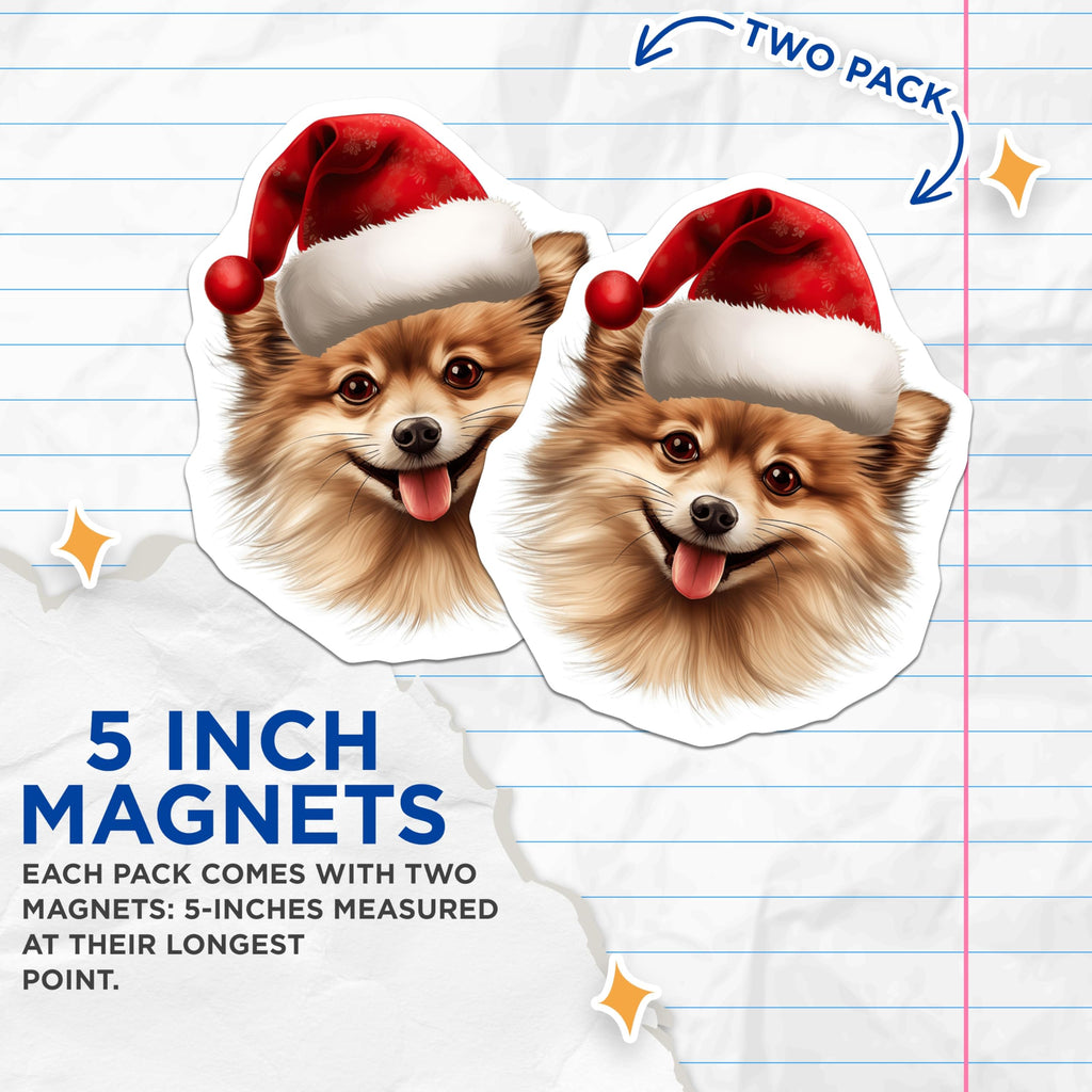 (2 Pack) Pomeranian Christmas Magnets - Santa Hat Dog Decor - Festive Pet Lover Accessory - Cute Holiday Fridge Magnets - 5 Inches On Longest Side - Thick Durable Magnet - Made in USA - MAG30161