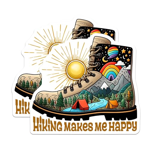 (2 Pack) Hiking Makes Me Happy Stickers - Outdoor Adventure Stickers - Camping and Nature Stickers - 5" On Longest Side - Sticks to Any Smooth Flat Surface - Made in USA - BMCS3261