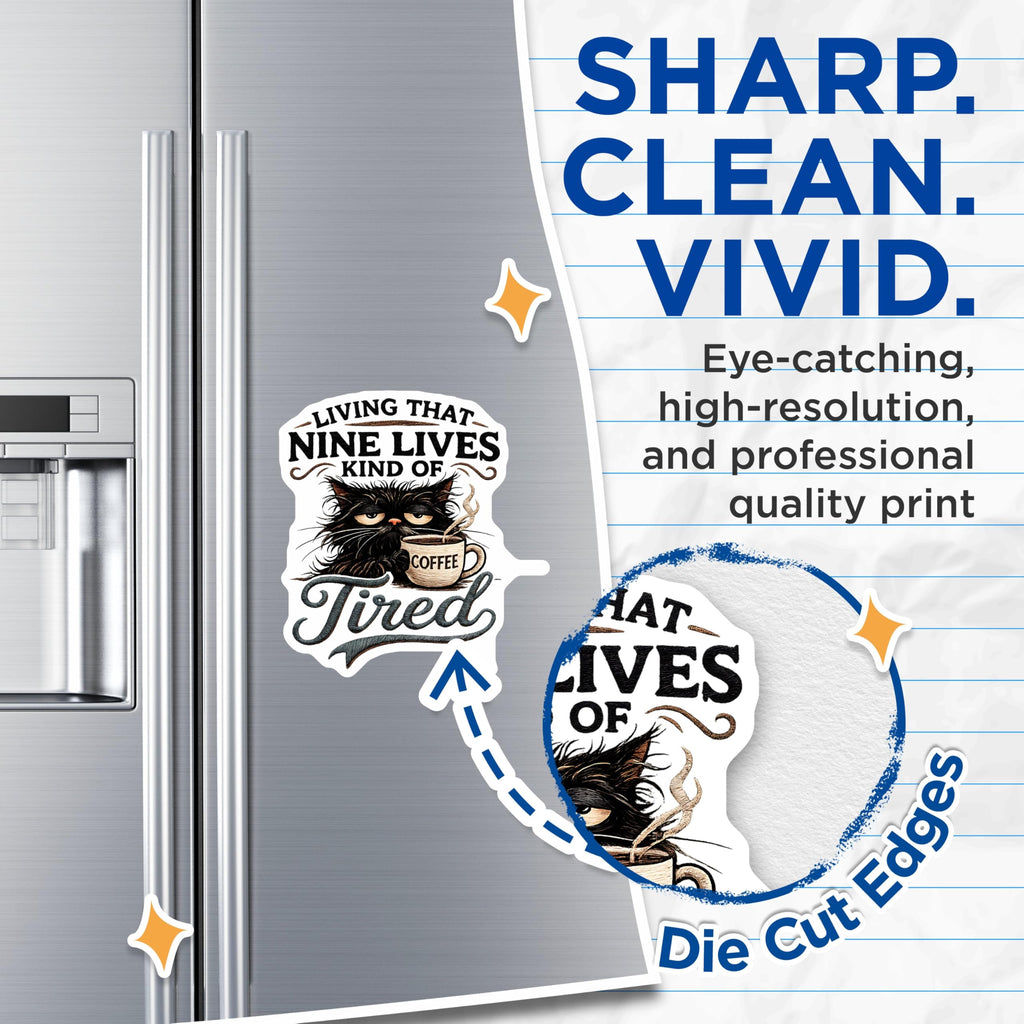 (2 Pack) Tired Black Cat Magnets - Nine Lives Coffee Lover Humor - Grumpy Feline Fridge Kitchen Locker Home Office Decor - 5 Inches On Longest Side - Thick Durable Magnet - Made in USA - MAG22888