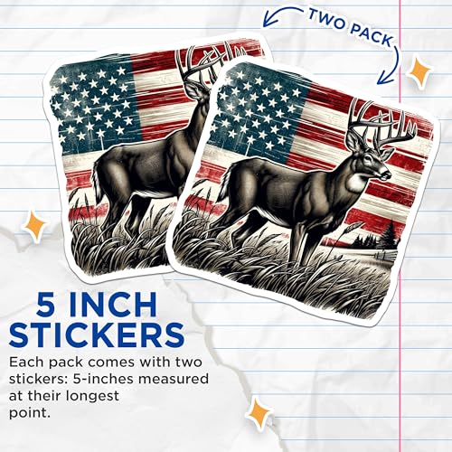 (2 Pack) American Flag Deer Stickers - Patriotic Wildlife - Hunting Deer Art Stickers - 5" On Longest Side - Sticks to Smooth Flat Surfaces - Made in USA - BMCS5905