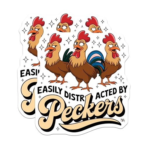 (2 Pack) Easily Distracted by Pecker Stickers - Funny Chicken Decal - Hilarious Animal Pun Vinyl - 5" On Longest Side - Sticks to Smooth Flat Surfaces - Made in USA - BMCS6387