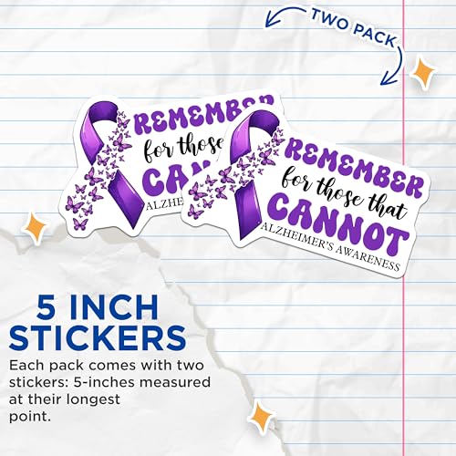 (2 Pack) Remember for Those That Cannot Stickers - Alzheimer's Awareness Stickers - Purple Ribbon Decal - 5" On Longest Side - Sticks to Smooth Flat Surfaces - Made in USA - BMCS9784