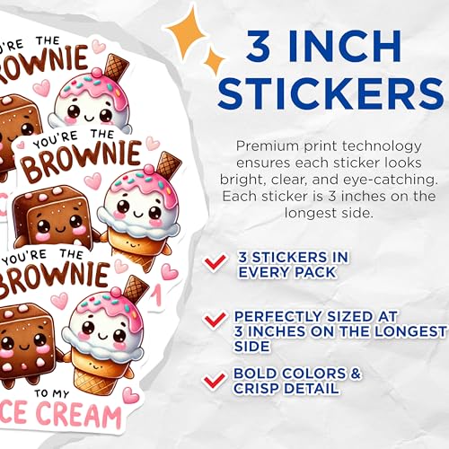 (3 Pack) Brownie Ice Cream Decals - Cute Dessert Decal - Kawaii Laptop Decal - 3 Inches On Longest Side - Easy Peel & Apply - Made in USA - 3MCS2149