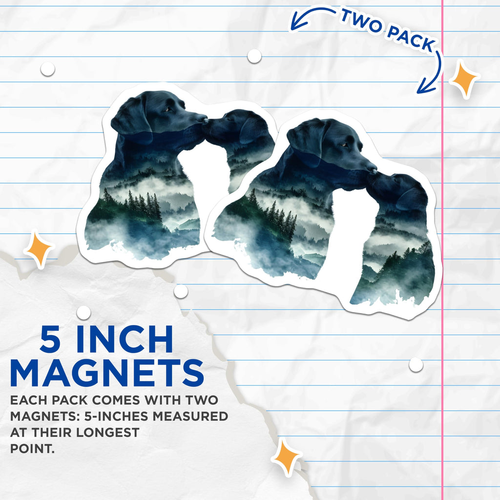 (2 Pack) Black Labrador Magnets - Kissing Dogs Artwork - Mountain Scenery Home Decor - 5" On Longest Side - Premium Magnet - for Cars, Refrigerators, Toolboxes, Lockers - Made in USA - MAG15434