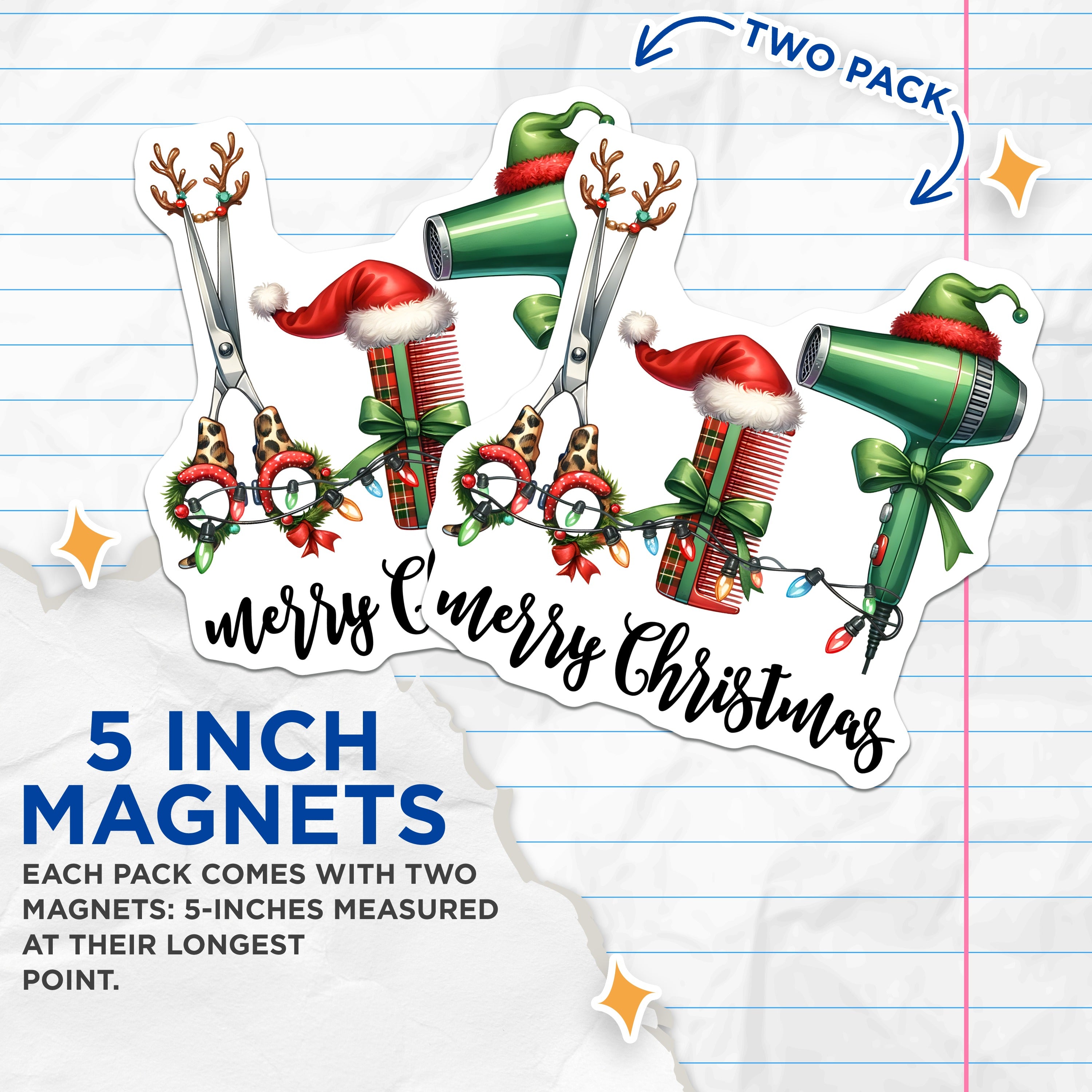 (2 Pack) Christmas Hair Stylist Magnets - Hair Salon Decoration - Festive Hair Tools - 5 Inches On Longest Side - Thick Durable Magnet - Made in USA - MAG39128