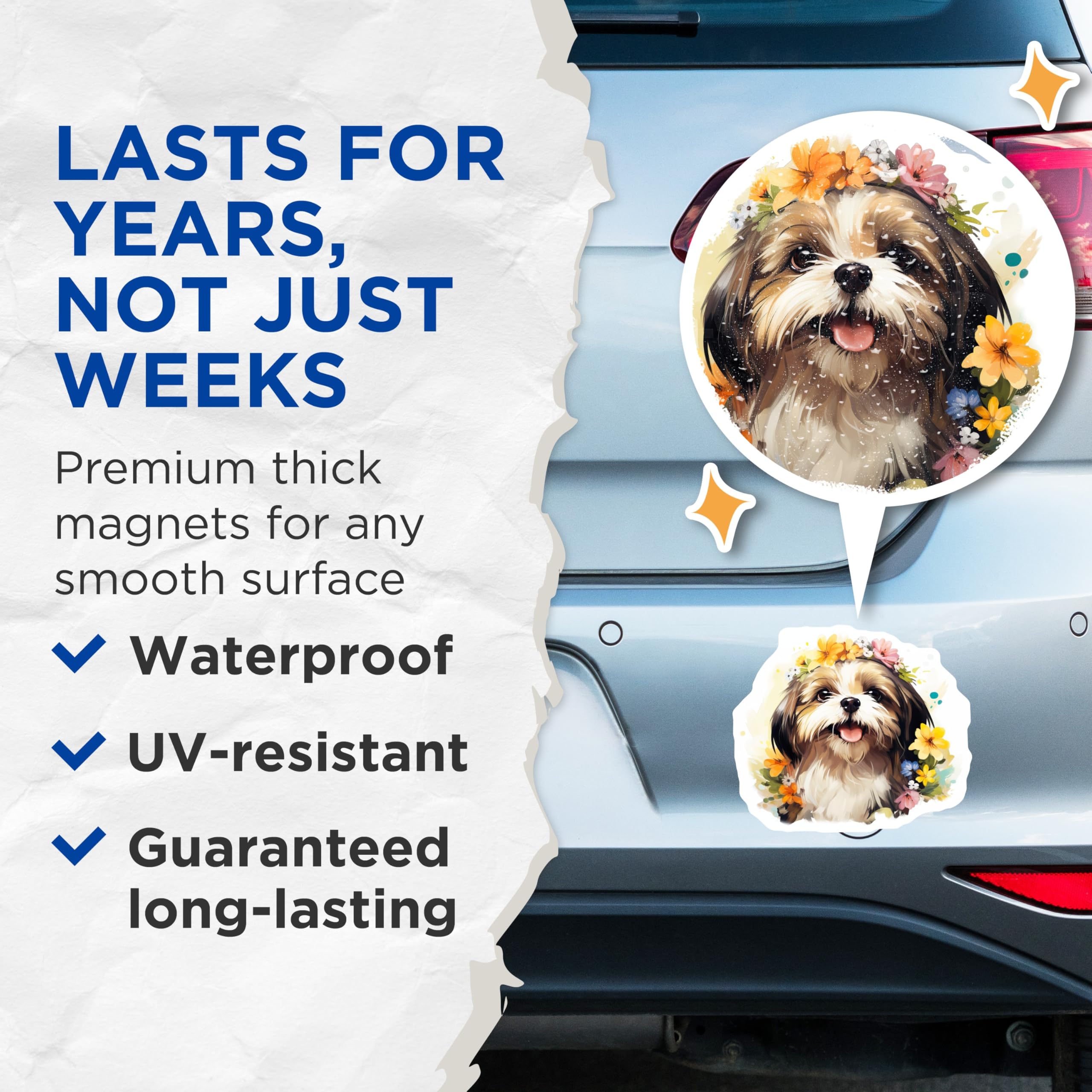 (2 Pack) Shih Tzu Magnets - Watercolor Dog Art - Flower Crown Puppy Accessory - 5 Inches On Longest Side - Thick Durable Magnet - Made in USA - MAG25503