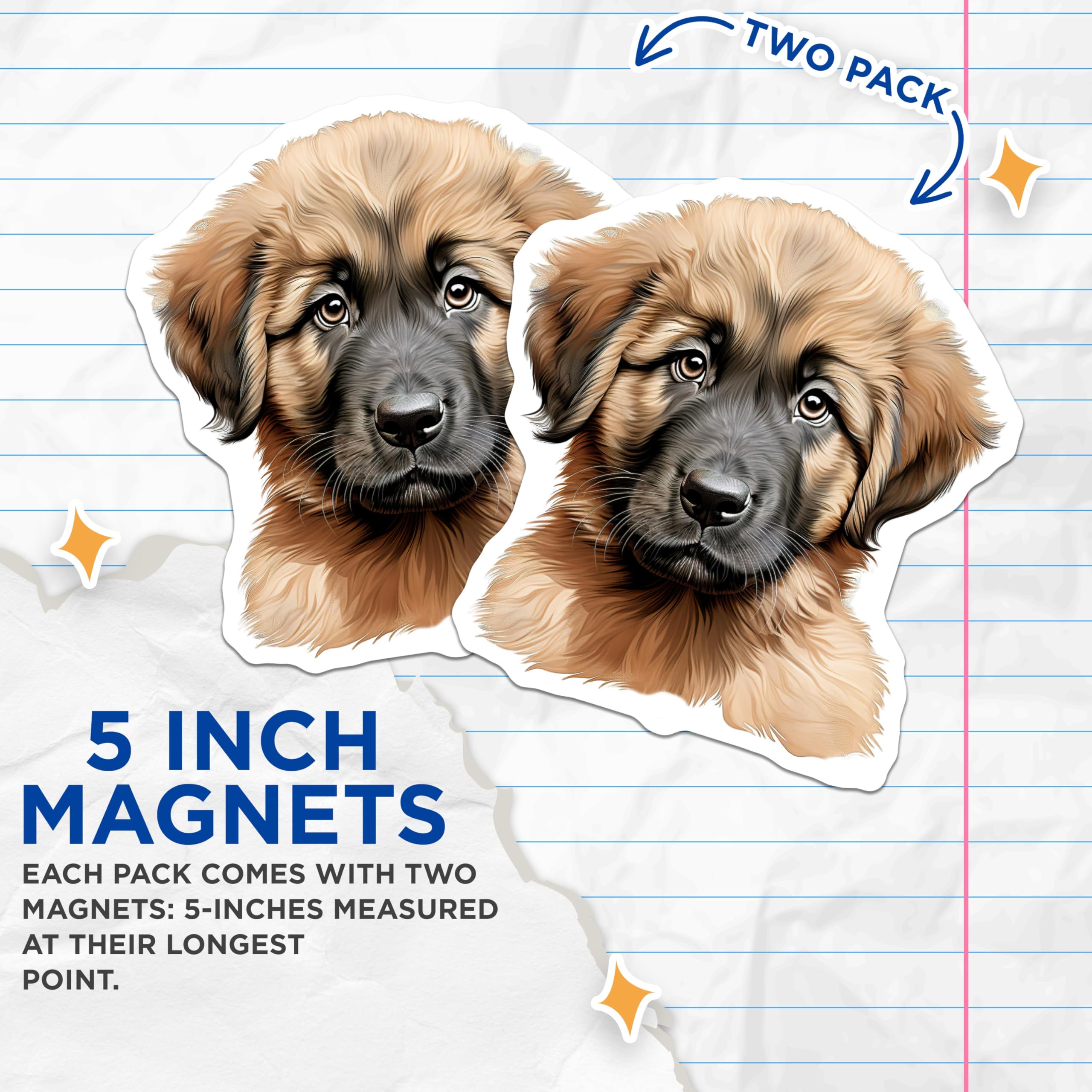 (2 Pack) Adorable Puppy Magnets - Fluffy Dog Art - Pet Lover Refrigerator Decor - Cute Canine Home Accent - 5 Inches On Longest Side - Thick Durable Magnet - Made in USA - MAG24151