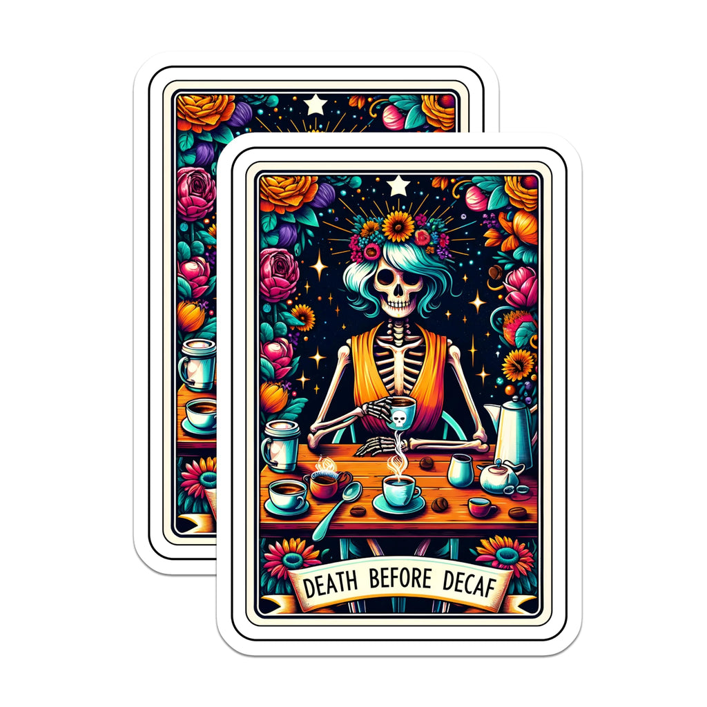 (2 Pack) Death Before Decaf Magnets - Skeleton Coffee Lover - Day of the Dead Art - Quirky Fridge Decor - 5 Inches On Longest Side - Thick Durable Magnet - Made in USA - MAG25327
