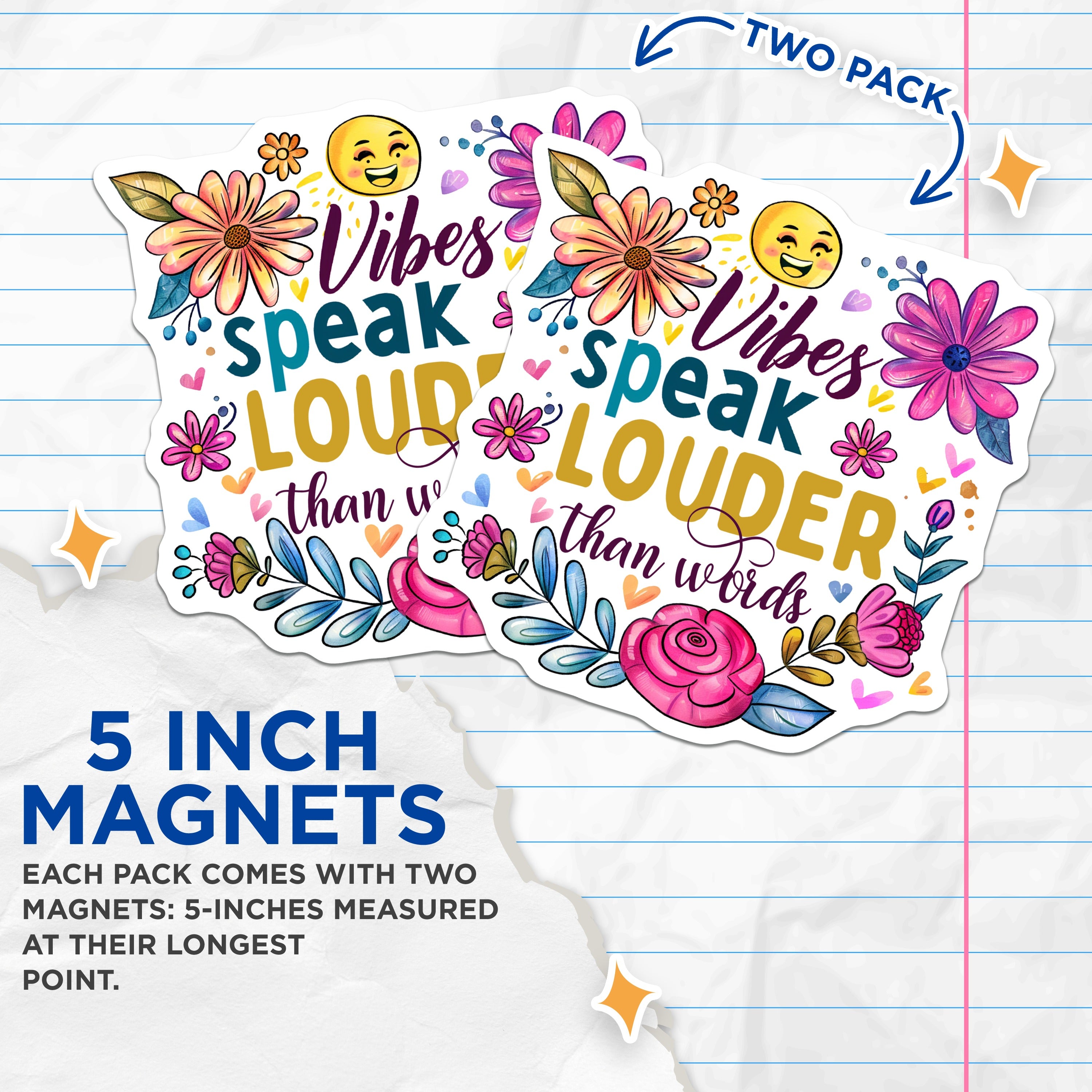 (2 Pack) Good Vibes Magnets - Positive Quote Decor - Floral Happy Emoji Art - 5 Inches On Longest Side - Thick Durable Magnet - Made in USA - MAG36467