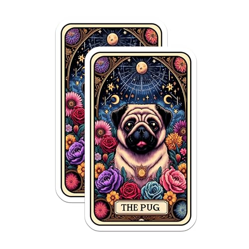 (2 Pack) The Pug Stickers - Cute Dog Art Stickers - Floral Animal Stickers - 5" On Longest Side - Sticks to Smooth Flat Surfaces - Made in USA - BMCS5276